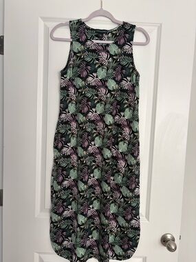 Cynthia Rowley Black Tropical Leaf Midi Dress with Mint & Mauve Accents